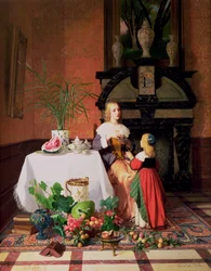Interieur met figuren en fruit